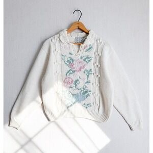 Nuggets Vintage Floral Intarsia Knit Sweater Cream Pink Scalloped Collar‎ Large
